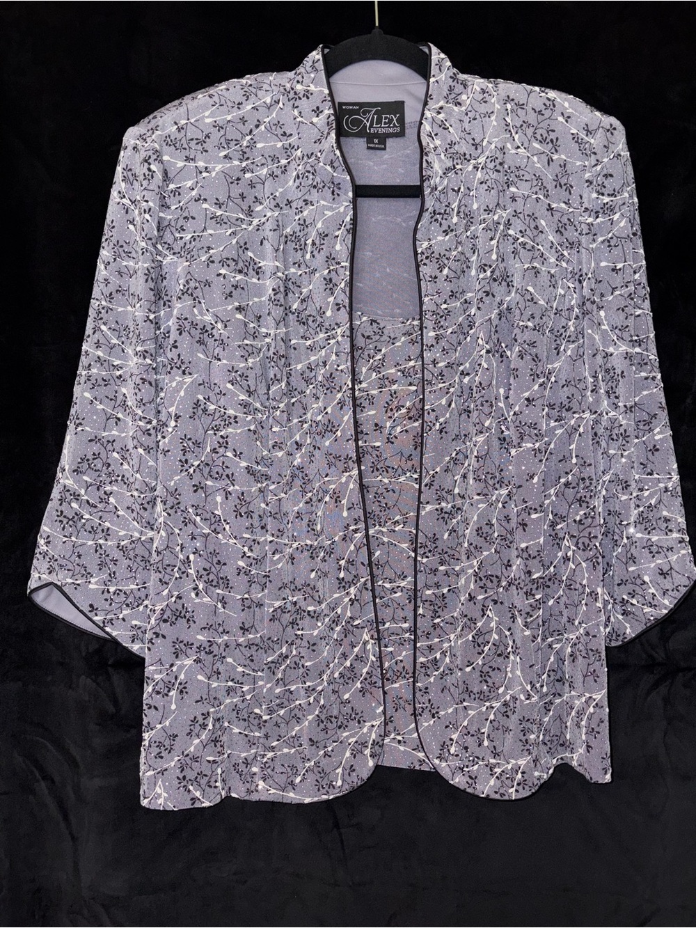 Alex Evenings 1X Gray Floral Sparkle 2 Piece Jacket Tank Top Set